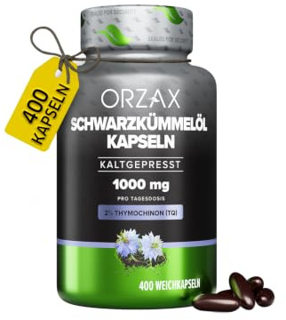Orzax Schwarzkümmelöl Kapseln ungefiltert - 1000mg mit 20mg Thymochinon und Vitamin E pro Tagesdosis (original Nigella sativa) - Türkisch - 400 Kapseln - Kaltgepresst & Laborgeprüft