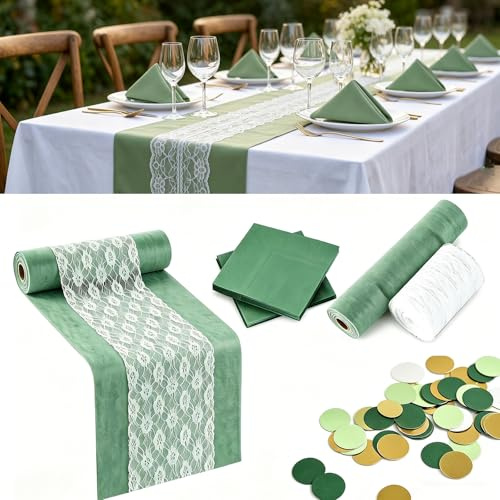 Camino de Mesa Eucalipto Verde, Servilletas Encaje | Decoración Rústica para Boda, Comunión y Cumpleaños, Incluye Mantel Individual y Detalles Dispersos, Elegante y Natural