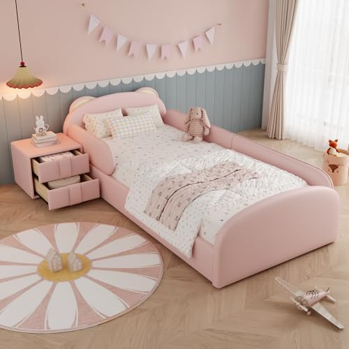 Mrwoo Polsterbett 90x200cm, Kinderbett mit Nachttisch, Kopfteil mit Bärenform und Weiche Antikollisions-Schwammkante, Samt, Rosa (Ohne Matratze)