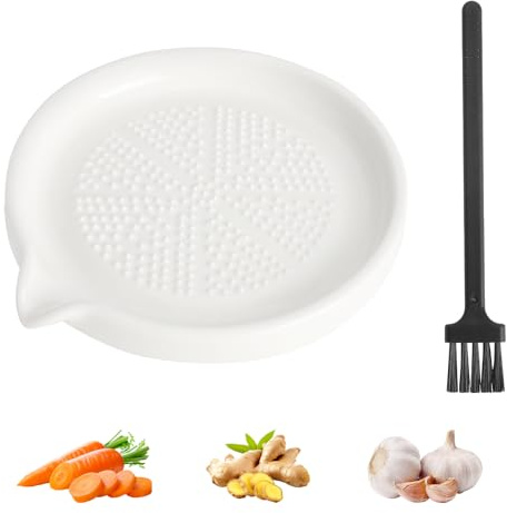Plato rallador de cerámica blanco con cepillo para ajo y jengibre
