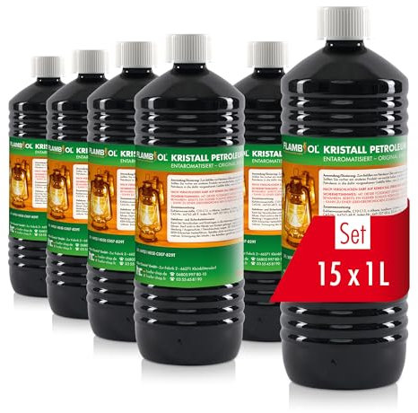 Höfer Chemie FLAMBIOL Gereinigtes Petroleum 15 x 1 L Heizöl - Entaromatisierte Qualität - Für Campingheizung, Petroleumlampe & Grillanzünder - Rußfreie Verbrennung