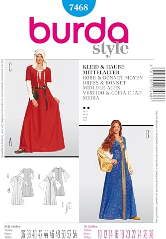 Burda Style Schnittmuster #7468 Karneval Kostüm Damen Mittelalter Kleid & Haube Gr. 36-54 mit Anleitung