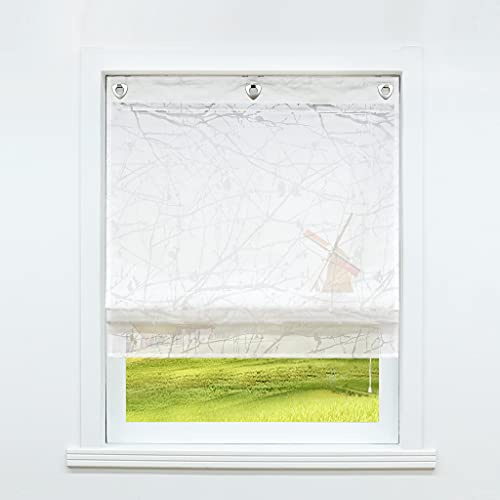 CORLIF Raffrollo ohne Bohren Raffgardinen mit U-Haken Gardinen Halbtransparent Ösenrollo Ausbrenner Design mit Äste Motiv Vorhänge Weiß BxH 140x140 cm 1 Stück