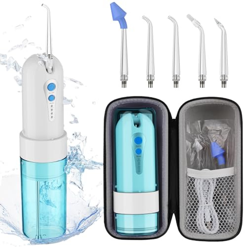 Water Dental Flosser for Teeth Cleaning and Flossing with Travel Size Case – Rechargeable Oral Irrigator, KOOVON Portable Water Flosser for Adults, IPX7 Waterproof, 5 Jet Tips & 4 Modes, Blue