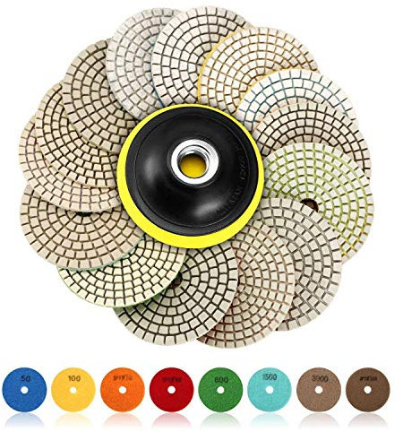 SPTA 15pcs Diamant nass Polierscheiben Set, 4-Zoll-Pads für Granit Stein Beton Marmor Bodenschleifer oder Polierer, 50# -6000# mit Haken & Loop Backing Halter Disc