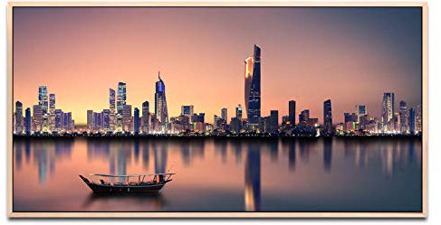 Stadtskyline ca. 130x70cm Wandbild inklusive Schattenfugenrahmen naturfarbend - Panorama Leinwand Bild XXL Format Wandbilder Wohnzimmer Wohnung Deko Kunstdrucke