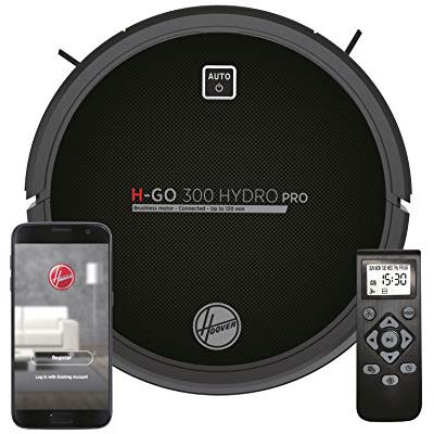 Hoover H-GO 300 - Hydro Pro - HGO330HC Robot Aspirador, Aspira, Barre, friega y Pasa la mopa, 2 depósitos, Wi-Fi, conexión Alexa, 120mins, Mando y Base de Carga, Sensor anticaída y antichoque, Negro