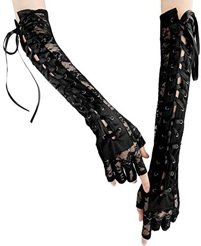 YOOJIA Handschuhe Damen Lang Fingerlose Spitzenhandschuhe mit Schnürung Steampunk Handschuhe Fasching Kostüm Accessoires Brauthandschuhe Schwarz OneSize