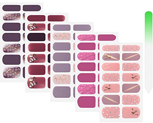 SIUSIO 70 Stück 5 Blatt Full Nail Wraps Reine Farbe Nagellack zum Aufkleben Streifen Aufkleber Glitter DIY Nail Art Sticker mit 1 STÜCK Kristallglas Nagelfeilen für Frauen und Mädchen