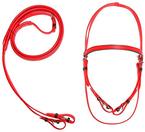 Hmpet Brida De Caballo, Brida Ecuestre PU Cabestro De Caballo Brocas De Caballo Collar ​De Cabeza De Caballo Equipo De Carreras De Equitación Accesorios Ecuestres Ajustable,Rojo