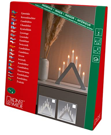Konstsmide Luces de Navidad/Puente de Vela Moderno/Madera Lacada Blanca/Uso Interior (IP20)/230V Interior/7 Velas con Bombillas Transparentes/Cable Blanco con Interruptor de Encendido y Apagado