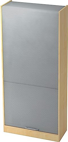 bümö Rollladenschrank in Ahorn/Silber mit Relinggriff - Vertikal Jalousieschrank 90 cm breit, Aktenschrank abschließbar, Büroschrank für Ordner & Co.