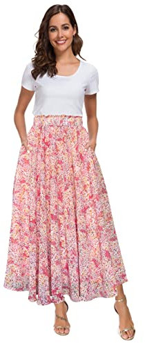 Afibi Women High Waist Floral Print Swing Chiffon Beach Midi Long Skirt with Pockets (X-Large, Pink)