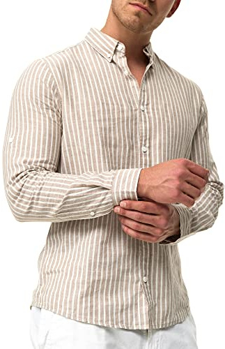 Indicode Hommes Brayden Shirt | Chemise rayée à col boutonné Greige S