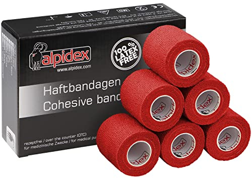 ALPIDEX 6 Rotoli Benda Adesiva 5 cm x 4,5 m Molti Colori Bendaggio Coesivo Fasciatura Personi Animali Garza Elastica Autoadesivo Cavalli Cani Umani, Colore:rosso