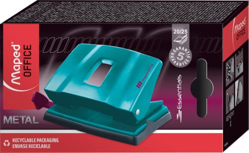 Maped - Locher ESSENTIALS DECO 20/25 Blatt - für 20/25 Blätter - Glanzlack-Oberfläche im trendigen Türkis - Mechanik & Führungselemente 100% aus Metall - Lochabstand 8 cm - für alle Papierformate
