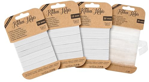 Kitchen Helpis® Reißfeste Gummilitzen im SET, gemischt je 5m lang | Gummiband zum Nähen, Breite: 10mm, 15mm, 20mm - INKL. 5m Saumband, Gummizug 95 °C waschbar, Saumband 60 °C waschbar.