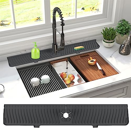 Derlights 30 inch Sink Splash Guard Mat,Silicone Faucet Handle Drip Catcher Tray, Longer Silicone Sink Mat for KitchenBathroom, Drip Protector Splash Countertop (black)
