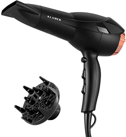 KLAMER Haartrockner 2200W, Ionen Haartrockner, Universal Anti Frizz Haar-föhn, 3 Heiz- & 2 Gebläsestufen und Kaltluft-Button, Inklusive Diffusor & Stylingdüse Schwarz