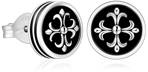 KRKC&CO S925 Silber Ohrringe Herren, Rund Schwarz Ohrringe 8mm mit Kreuz Design, Weißgold beschichtete Ohrsteckers, echt 925 Sterling Silber allergiefreie Ohrringe, Geschenk für Männer Jungs