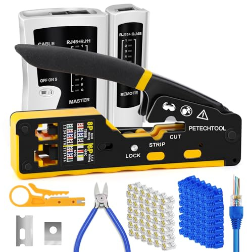 PETECHTOOL RJ45 Crimp Tool Kit Cat6 Crimping Tool for RJ45 Pass Through Connectors & RJ11/RJ12 Ends with Ethernet Tester, 50Pcs Cat6 Connectors, Wire Cutter, 50Pcs RJ45 Covers, Mini Stripper