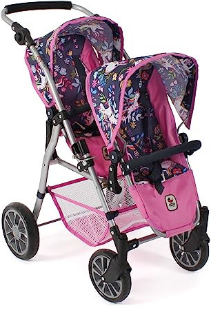 Bayer Chic 2000-Puppenwagen Twinny, Zwillingspuppenwagen für Zwei Puppen, Zwillingsbuggy für Kinder von 4 bis 8 Jahren, Einhorn, Navy-pink, 691-43