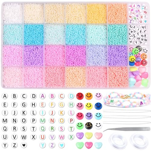 Prettme 20160 Stück Bonbonfarben Pastell Rocailles Perlen 2mm,Mini Perlen zum Auffädeln, Macaron Matte Glasperlen Set mit Buchstaben Smileyperlen für DIY Armbänder,Halsketten und Ohrringe