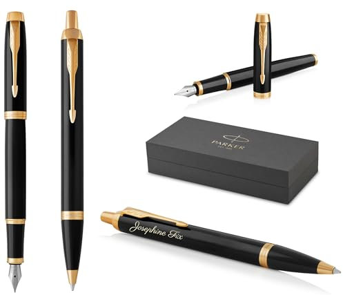 PARKER IM Core Füllfederhalter und Kugelschreiber mit Gravur | Premium Stift | Geschenkbox | schwarze Mine | personalisiertes Geschenk | Namen | graviert | Geburtstag (Black Lacquer G.C.)