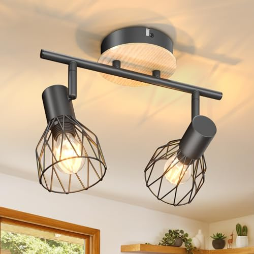 Kimjo E14 Plafonnier Bois, Luminaire Plafonnier LED 2 Spots Orientables, Moderne Rampe Spots de plafond Noir, Applique Murale Intérieure pour Salon Chambre Cuisine Couloir (Sans Ampoules Max. 40W)