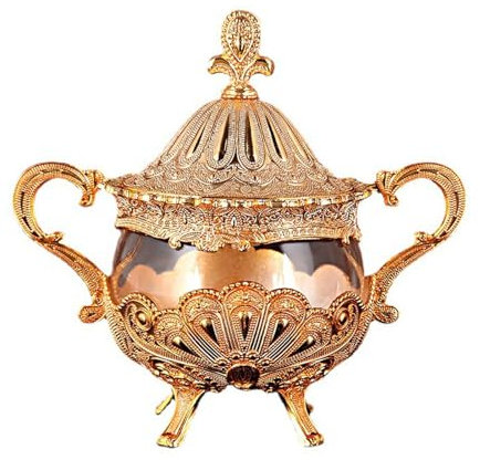 CekoCk Azucarero Retro con Tapa, Tarro for Dulces, azucarero con Tapa y Cuchara, Tarro for Especias de Vidrio Tallado en Hierro, Bote for condimentos de Metal, Individual, Dorado
