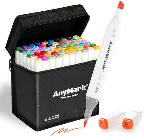 AnyMark Feutres à Alcool 60+1 Couleurs à Pointe Pinceau, Marqueurs Double Pointe pour Illustration, Manga, Croquis et Coloriage