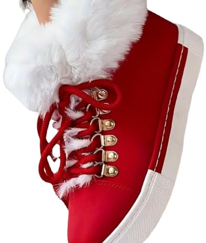 Fenlogft Winter Women's Snow Boots Short Barrel,Large Size, Fleece Lined Thickened Boots for Cold Weather (Christmas Red,8)