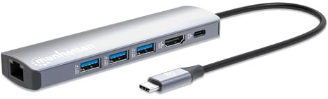 Manhattan 153959 replicatore di porte e docking station per laptop Cablato USB 3.2 Gen 1 [3.1 Gen 1] Type-C Argento (USB-C DOCK/HUB 6-PORT- - ENET/HDMI/USB-A[X3]/USB-C/PD100)