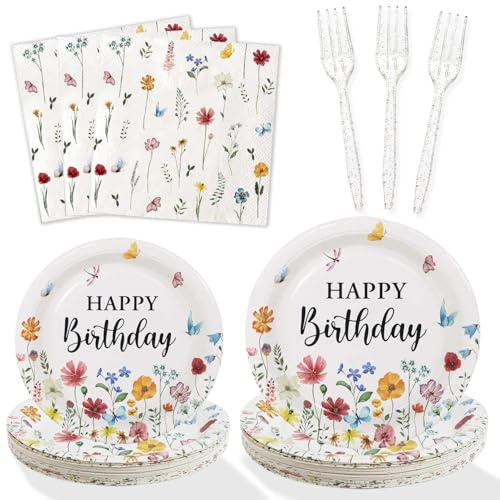 100Pcs Spring Wildflower Party Decorations Plates Set, Floral Paper Plates Napkins and Forks Flower Birthday Decorations for 25 Guests