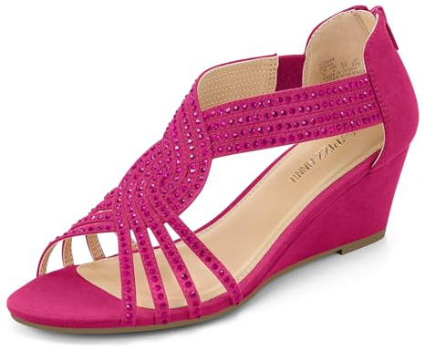 PIZZ ANNU Womens Sandals Mid Wedge Heel Sparkly Glitter Shoes for Ladies Strappy Rhinestones Bridal Wedding Prom Party Fuchsia Size 9