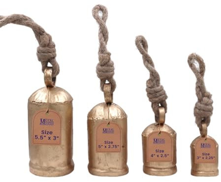 Kuhglocken Set mit 4 Kuhglocken, mittelgroß, handgefertigt, Vintage, rustikal, dekorativ, Weihnachten, zum Aufhängen an Juteseil, antikes Gold, mit Holzklöppel