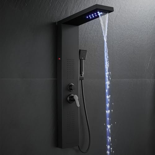 ROVOGO Komplett Schwarze Duschpaneel mit Armatur, Edelstahl Duschpaneele mit LED, 5 Funktionen - Wasserfall, Regendusche, Massagedusche, Handbrause und Wanneneinlauf, Duschsäule für Wandmontage