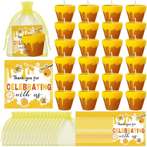 Conelist 24 Sets Bee Themed Candle Set for Baby Shower Party Favors Cute Honey Jar Candle with Thank You Tags Organza Bags Baby Shower Gifts for Guest Gender Reveal Party Decoration Gifts (Yellow)