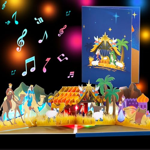 Magic Ants - Tarjeta de felicitación de Navidad 3D desplegable con escena del nacimiento, luces y música – Tarjeta religiosa con el texto Silent Night, Holy Night, escena del nacimiento de Jesús