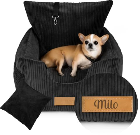 Petsen Hundeautositz – personalisierbares Hundebett fürs Auto mit Sicherheitsleine, abnehmbarem, waschbarem Bezug aus Cordstoff (Oeko-TEX), EU-handgefertigt – für kleine Hunde und Welpen (schwarz)