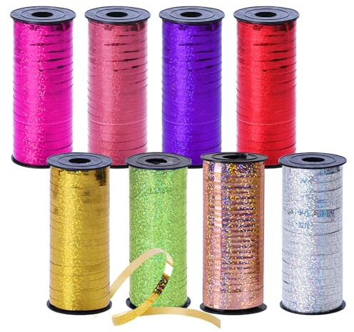 Bieiyhe 8 Rollen Geschenkband Set 100 Yards, Glitzer, Kräuselband Weihnachten, Ballonband, Dekoband, Ringelband, Schnur Schleifenband für Hochzeit und Party - Bunt