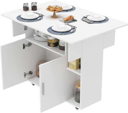 HAMHAIGO Tavolo da Pranzo Pieghevole con 4 Ruote e Ripiani, Salvaspazio in Legno per 4-6 Persone, per Cucina/Soggiorno (Bianco)