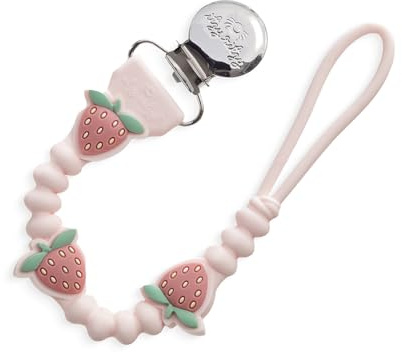Itzy Ritzy Silicone Pacifier Clip – 100% Food Grade Silicone Pacifier Strap with Clip Keeps Pacifiers, Teethers & Small Toys in Place – Features One-Piece Design & Cord (Strawberry)