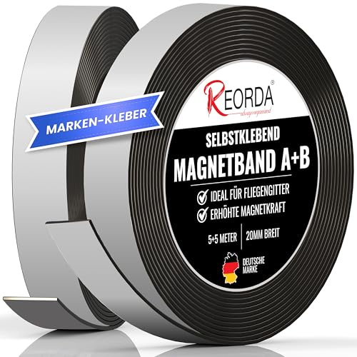 REORDA® Magnetband A B (EXTRA STARKER MARKEN-KLEBER) 5 Meter I selbstklebender Magnetstreifen für Fliegengitter & Moskitonetze für beste gegenseitige Anziehung - Magnetband selbstklebend
