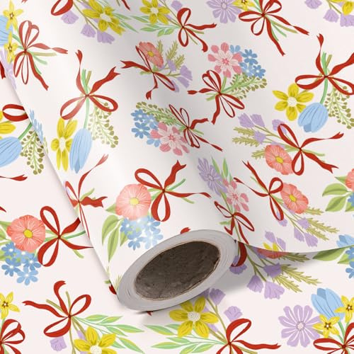 RUSPEPA Geschenkpapierrolle mit Blumenmotiv – Minirolle – 43,2 cm x 5 m – Rotes Geschenkpapier mit Schleife und Blumen, perfekt für Mädchengeburtstage, Muttertag, Babypartys, Hochzeiten