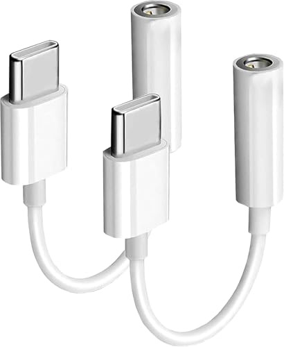 USB-C to 3.5mm Female Headphone Jack Adapter (2 Pack, White), Type C to Aux Audio Dongle Cable Compatible with iPhone 16/15 Series, Pixel, Samsung Galaxy S25/S24/S23/S22/S21 Ultra, S20/S20+/S20 Ultra
