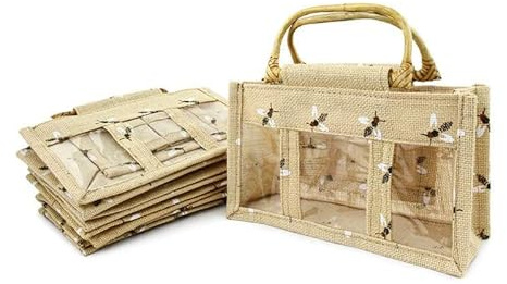 4Bee Set von 5 Jutebeuteln – Jutesack – Für Honiggläser – Für Imkereigeschäfte – Mit Bambusgriffen – 3 Fenster – Wiederverwendbare Tasche