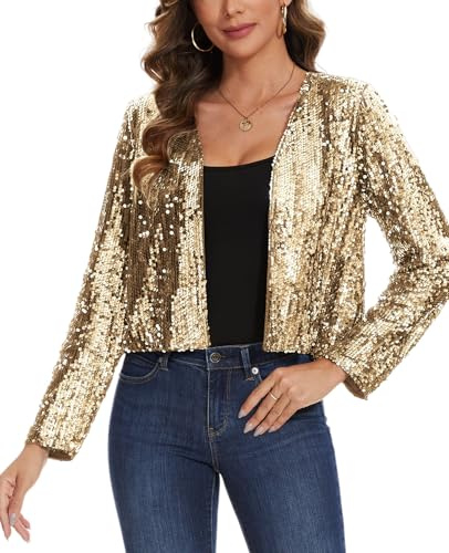 LADI TREND Vollständig gefütterter Bolero mit Pailletten, Glitzer-Cardigan, Jacken, langärmelig, Cropped-Top, offene Vorderseite, Jacke, Hochzeit, Cocktail, Club, Partys und Ausgehen