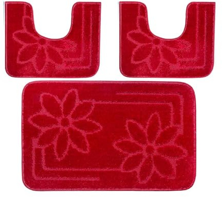 PARAMAISON Tappeti Bagno 3 Pezzi, Coordinati Design Fiori Morbido Antiscivolo Pelo Corto | Rosso