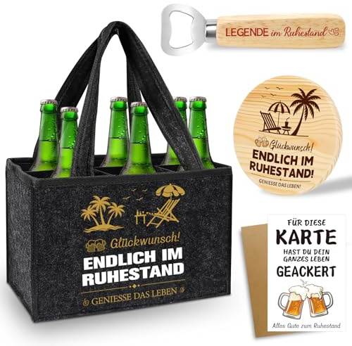 Shining She Renteneintritt Geschenk Männerhandtasche Bier für Opa Kollegen | Filz Flaschentasche 6 Flaschen mit Flaschenöffner Untersetzer Holz Grußkarten, Personalisierte Ruhestand Geschenk Mann